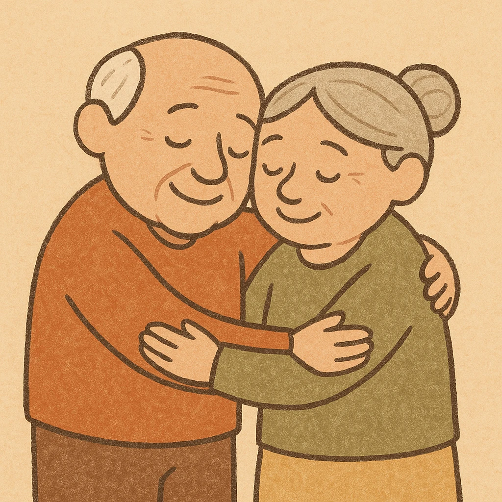 senior couple in a hug, no glasses, sweet and caring, plain background emoji
