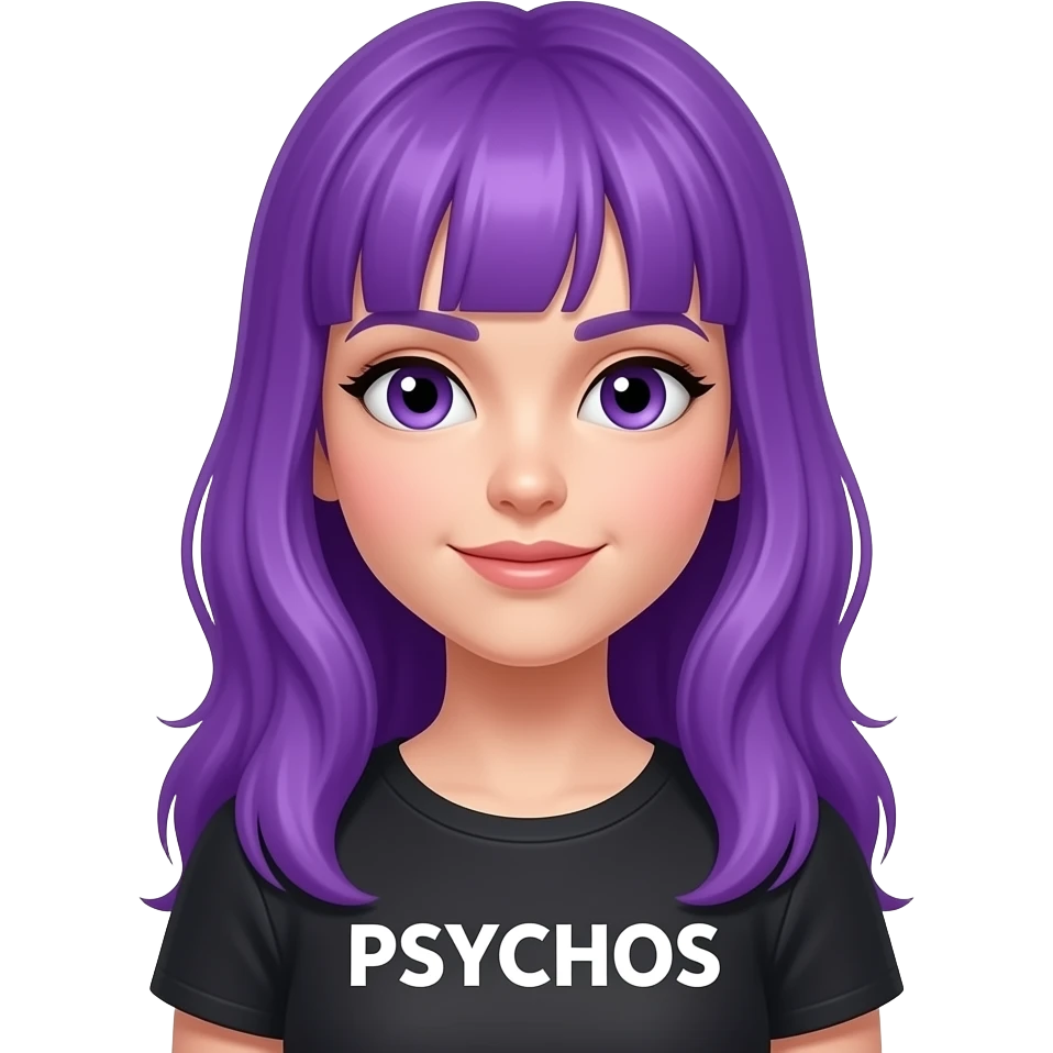 girl with long purple hair with a PSYCHOS sign emoji