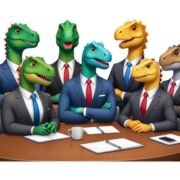 different office dinosaurs in suits sitting along the conference table emoji