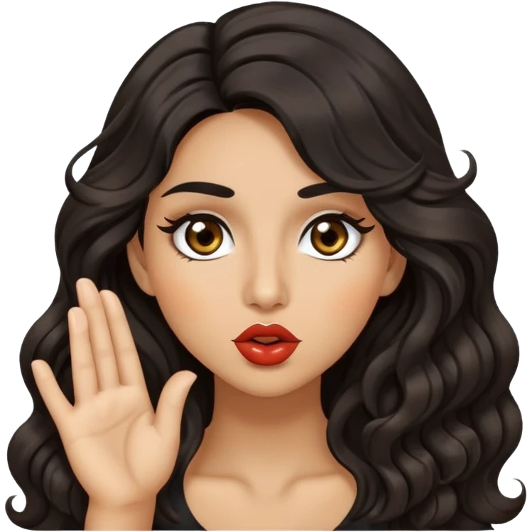 woman with olive skin, brown eyes and long lashes, and long black wavy hair blowing kiss emoji