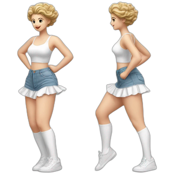 Hyperrealistic Full body Caucasian curvy beauty jumping short white skirt back and front views strong wind knickers long white socks emoji