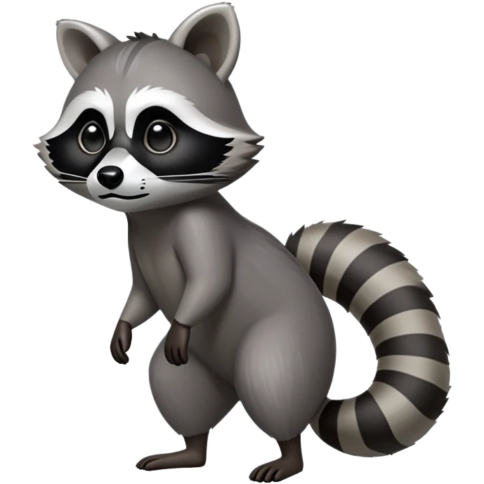 Cinematic-Raccoon-Realistic-Full-Body-Standing on all fours-Emoji – Tail flicking lazily, head tilted dramatically, thick grey fur with a signature black mask, sharp and alert ears, simplified yet realistic focused features, highly detailed, glowing with an almost sarcastic glow. emoji