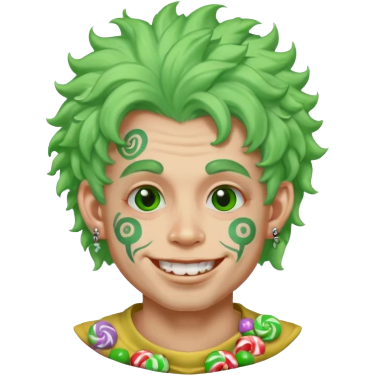 very colorful puffy green haired man made out of candy  and excessive face tattoos and excessive piercing just face  emoji