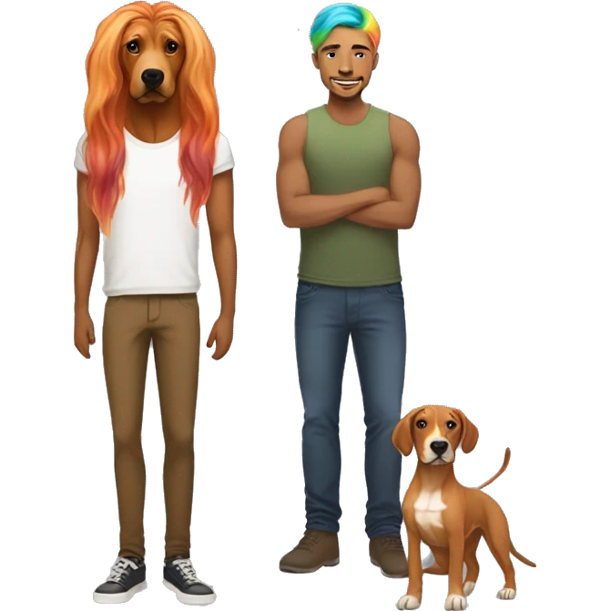 white male with long rainbow colored hair standing alongside a brown rhodesian ridgeback emoji