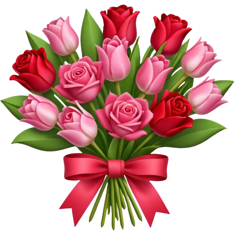 Create an bouquet with red and pink roses and tulips inside a white flower bouquet with red ribbon around it emoji