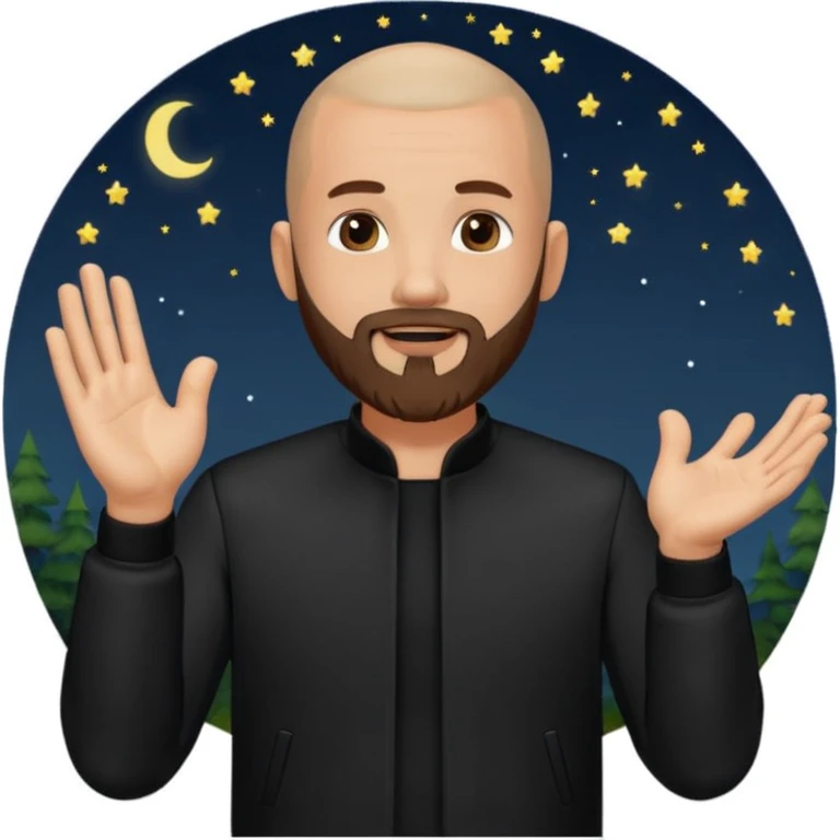 man with a shaved head and beard, in a black outfit, clapping hands, nighttime outdoor setting emoji