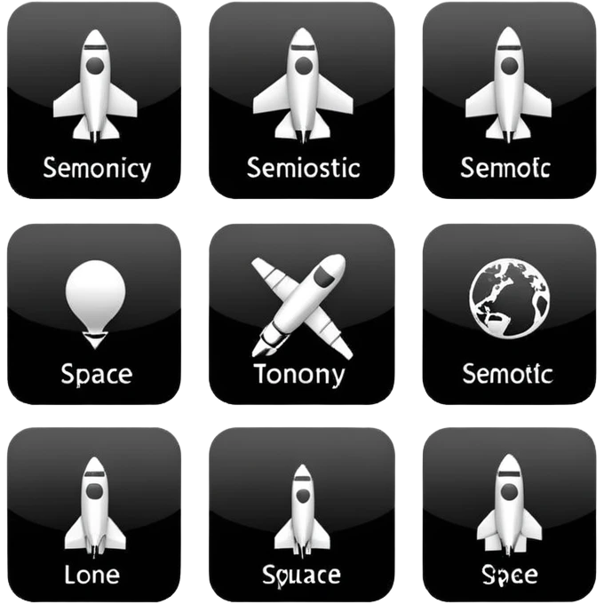 square minimal icons, space semiotic, black print on white background, square outline icons, minimalist symbols, transportation, economy, engineering, industry. Designed for signage.  emoji