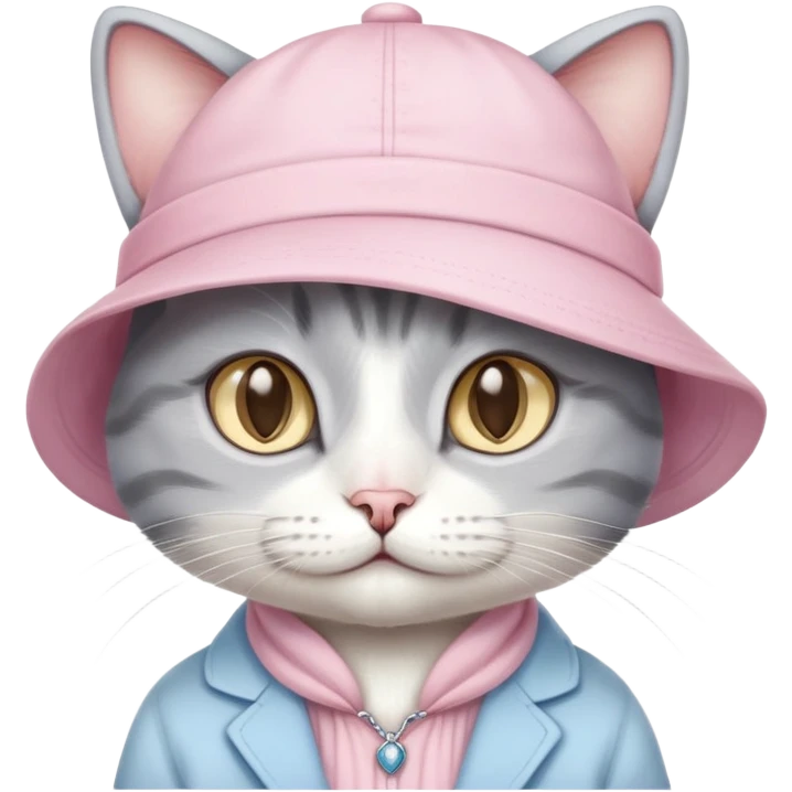 A grey and white cat with light pink clothes and a little light yellow hat. Make it have light blue eyes emoji
