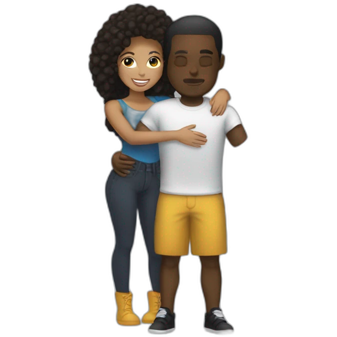 lightskin man with bottle, hugging short darkskin woman in designer clothes emoji