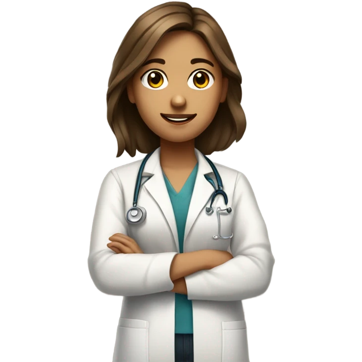 a full body medical student with arms crossed talking 20 years old girl student tan skin, brown hair emoji