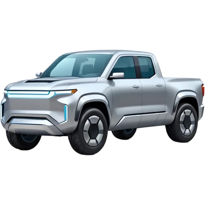 A futuristic electric pickup truck emoji, silver chrome body, angular cyber design, smooth metallic panels, subtle reflections, minimalistic proportions, iOS emoji style, centered composition, clean white background, soft lighting emoji