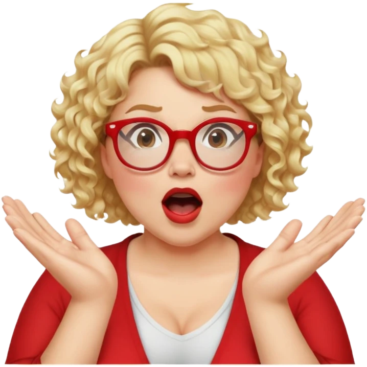 A blonde woman with short curly hair, slightly overweight, wearing red-framed glasses, shouting with hands cupped around her mouth emoji