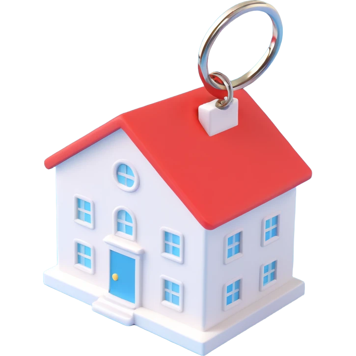 white keychain with a house-shaped key fob, 3D Emoji style, pure white color, soft shadows and highlights, transparent background, no decoration, side view emoji