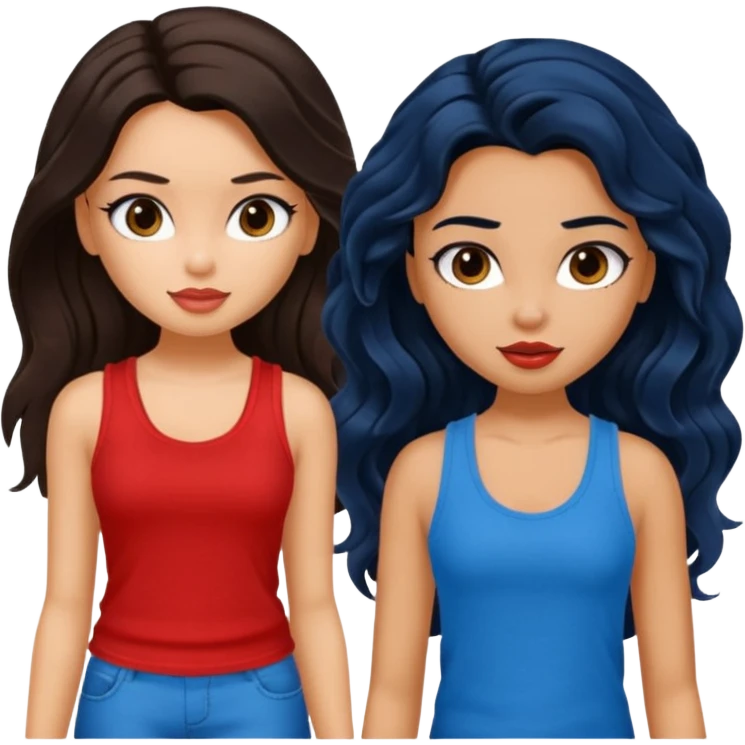 generate a pretty tan bratz girl with brown wavy hair long wearing a red tank top. talking to a girl with black hair wearing blue emoji
