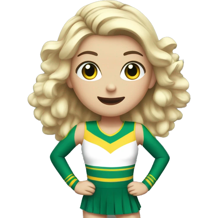White girl Cheerleader cheering with green and yellow uniform and poms with blue eyes emoji