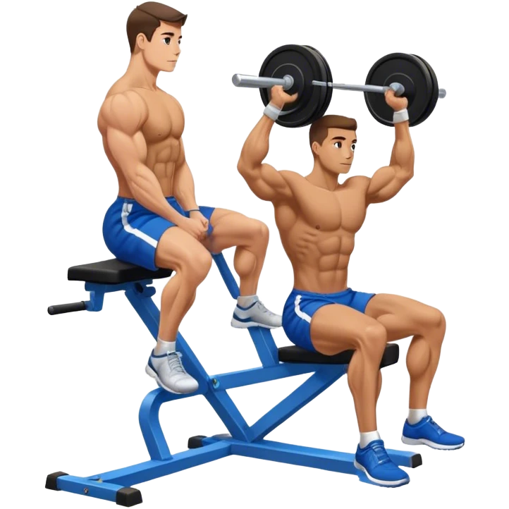 side-view bodybuilder in blue shorts seated weighted calf-raise machine on his tip toes emoji