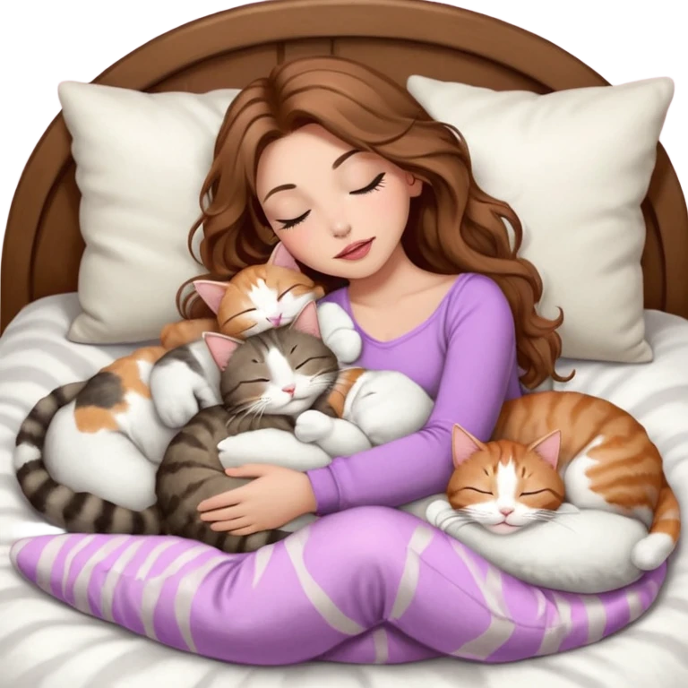girl with long wavy brown hair, brown eyes, long lashes makeup, sexy pink lips, light to medium complexion,  sleeping on a cozy pillow, with 6 cats: 1 brown and white tabby cat, 1 ginger and white, 2 grey and white, 1 grey with white mittens and small white patch on chest and 1 calico, sleeping emoji