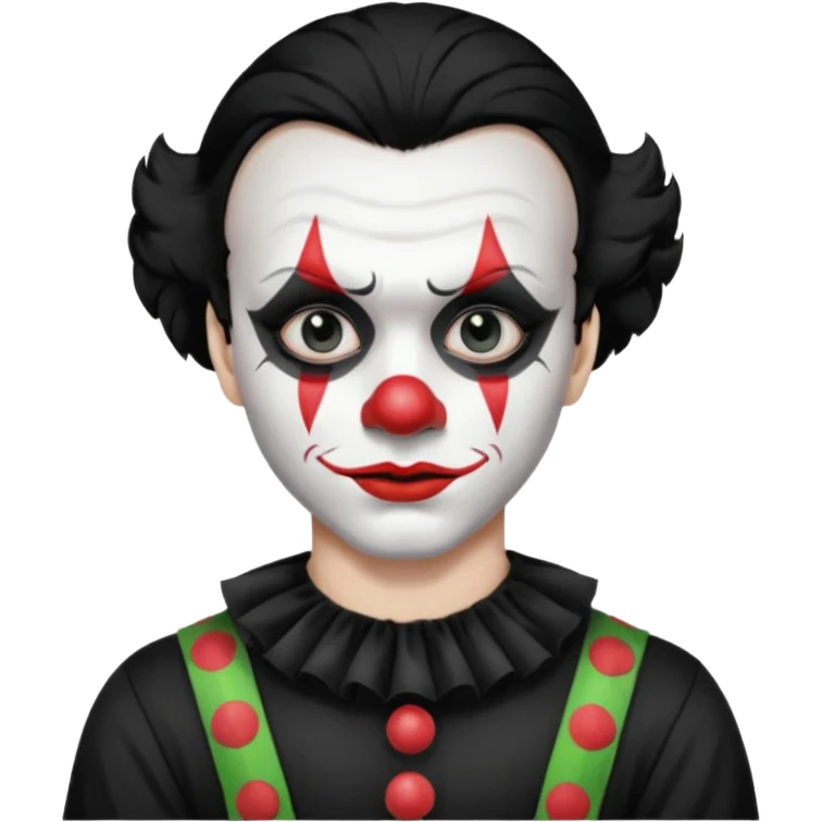 man with black hair only black and white clown makeup black eye makeup black lipstick black t-shirt emoji