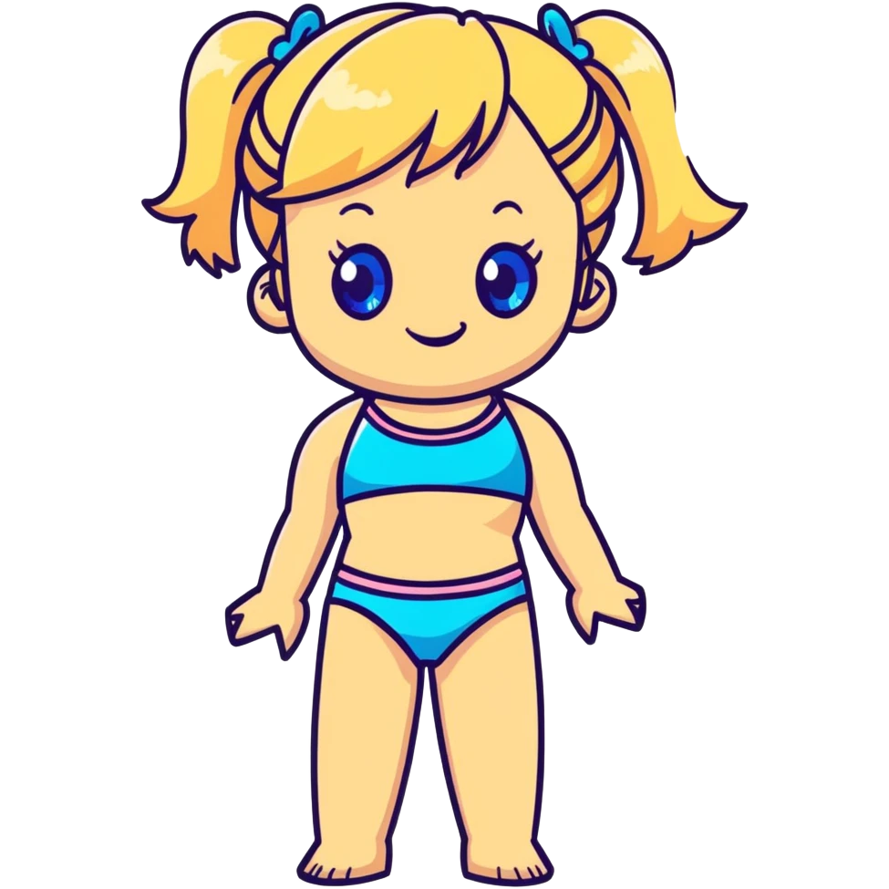 Cartoon blonde girl with pigtails, blue eyes, wearing a bikini, at the beach emoji