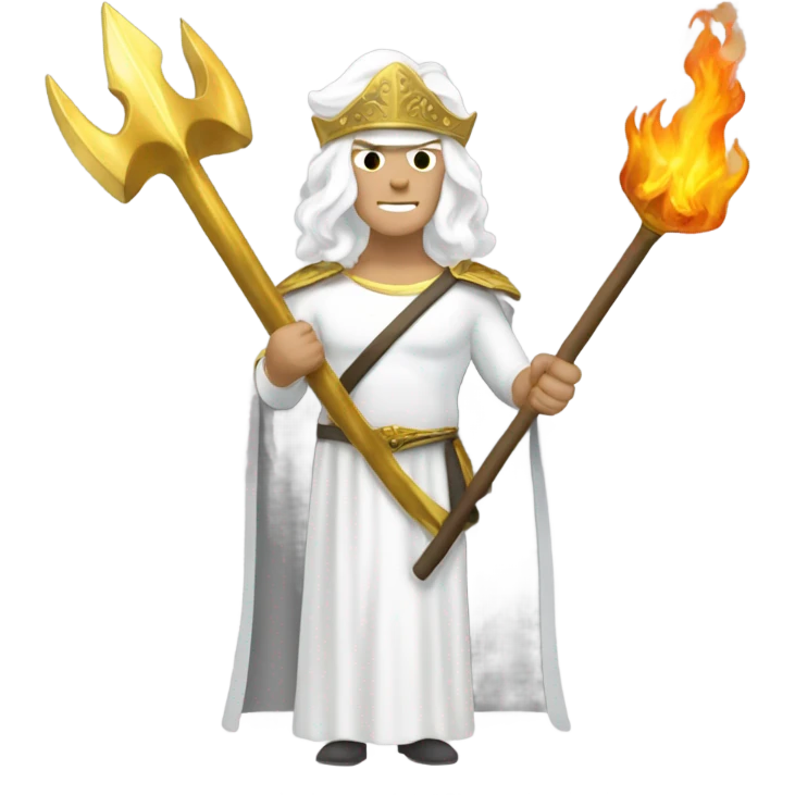white man Poseidon with gold Trident. long white hair white dress.  with firefighter helmet emoji