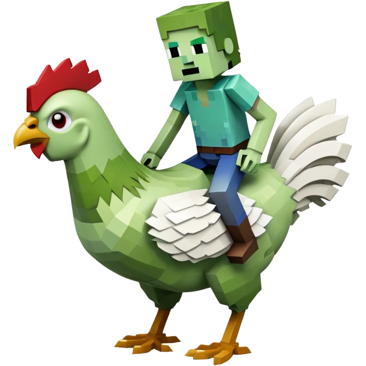 small square-shaped Minecraft zombie riding a small white chicken emoji