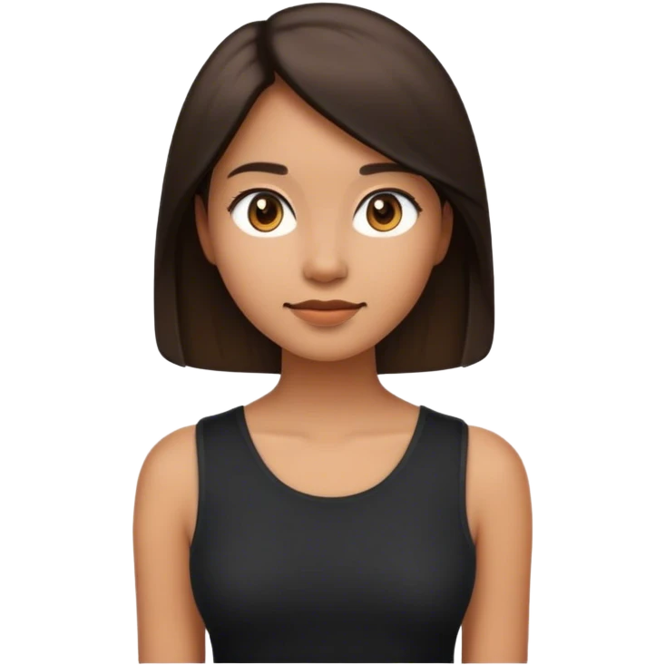 A young woman designed in the Apple emoji style: smooth, rounded features, minimalistic details, and subtle shading. She has dark, shoulder-length hair, a neutral but pleasant expression, and wears a black sleeveless top. The character is centered in the frame, facing slightly toward the camera.  emoji