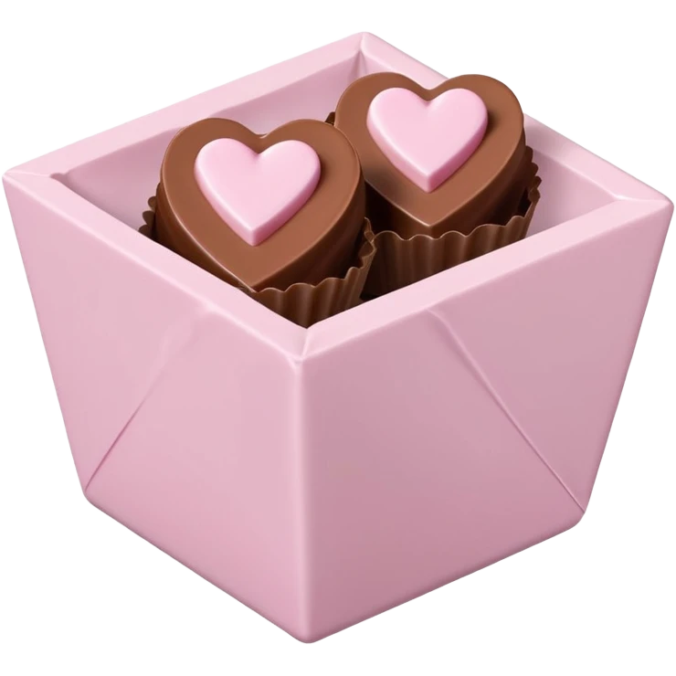 Two square milk chocolate pralines only, Each praline is a sharp-edged cube with smooth glossy chocolate coating, placed in a small white fluted paper candy cup. On top of each cube is a flat pastel pink heart-shaped icing, thin and smooth, slightly translucent, with fine sugar crystal sparkle. emoji