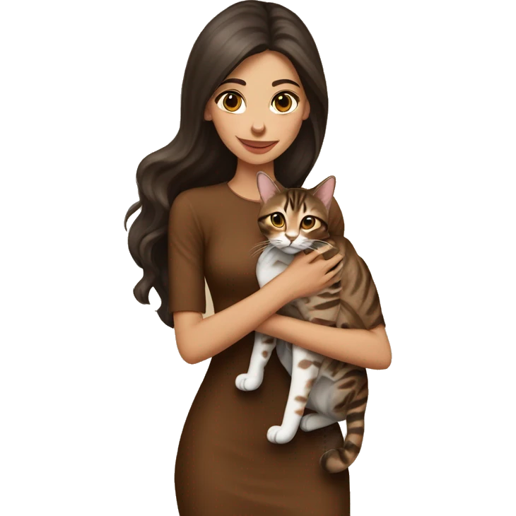 Beautiful skinny woman long dark brown hair in brown dress hug bengal cat emoji