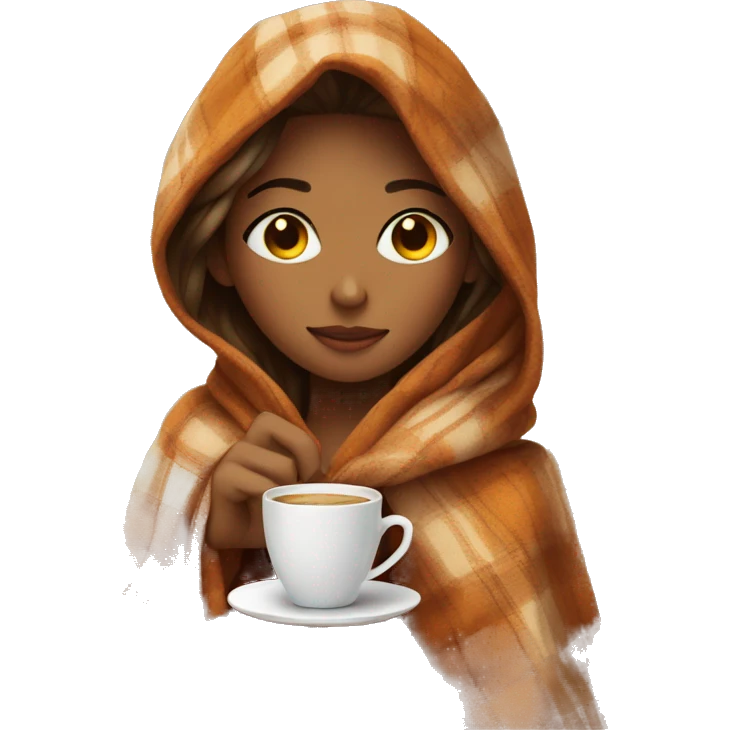Cute girl with fall blanket and a coffee emoji