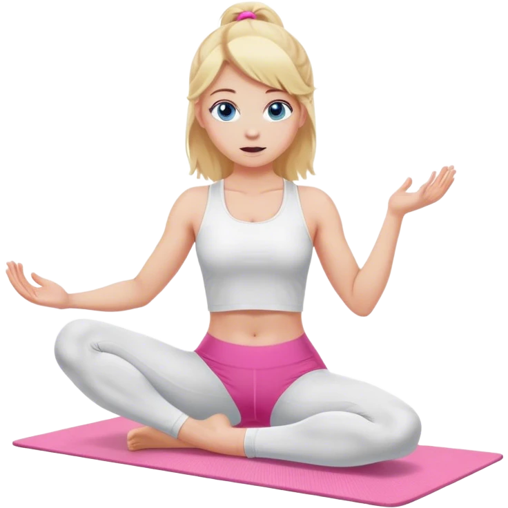 A cinematically realistic blonde with long hair and blue eyes, dressed in a white top and pink leggings, performs a sports exercise on a mat emoji