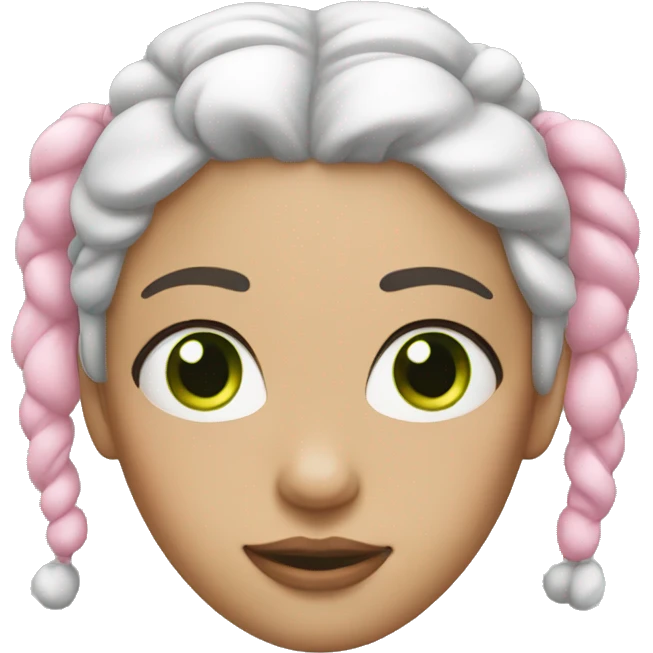 woman with white and pink hair in 2 buns.  She has green eyes. emoji