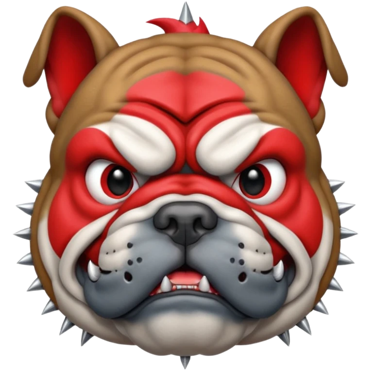 Create a fierce bulldog head emoji facing forward.
Strong jaw, deep wrinkles, and an intense scowl.
slight underbite with two visible fangs.
Dark gray fur with bold highlights and shading for depth.
Add a thick spiked collar (red or black) with shiny metallic spikes.
 emoji