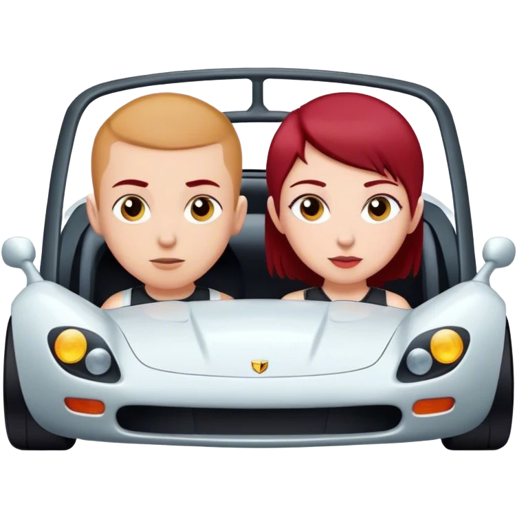 Blonde boy with a buzz cut and a girl with dark red hair in a sports car emoji