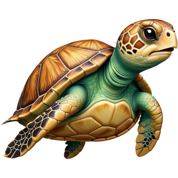 Cinematic Realistic Comical Sea Turtle Portrait Emoji, Head tilted dramatically with an exaggeratedly amused expression, featuring a robust, intricately patterned shell and wide, expressive eyes filled with playful disbelief, rendered with vibrant, lifelike detail and natural coastal light; high shine, dramatic yet playful, styled with an air of cheeky marine mischief, soft glowing outline, capturing the essence of a spirited and over‐the‐top sea turtle that looks ready to bob its way into viral fame! emoji
