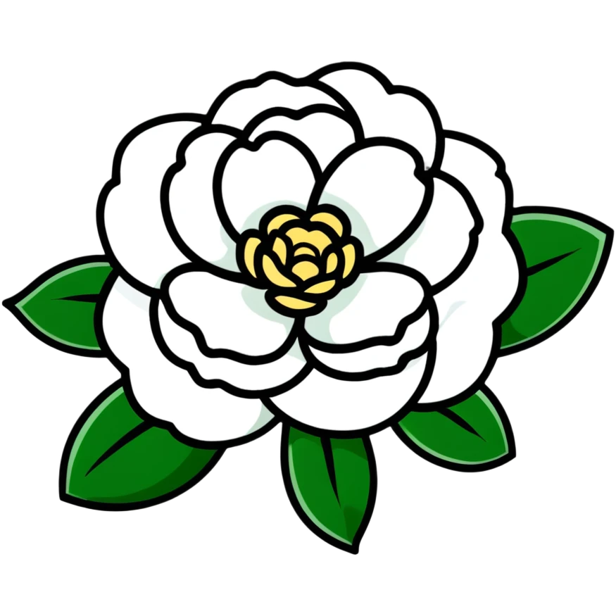 Elegant white camellia flower with symmetrical petals and rich green foliage emoji