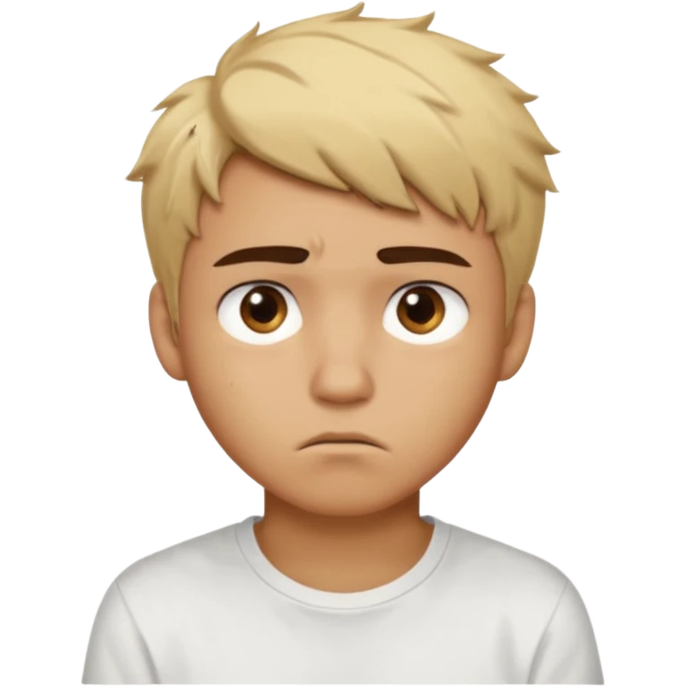 caramel skin color. Teen age. Short buzz, messy blonde hair, dark brown bushy eyebrows large expressive golden-brown eyes, brown skin color, scar over nose, wearing a plain white t-shirt. Disappointed thinking facial expression. caramel skin color. 20 year old male. emoji