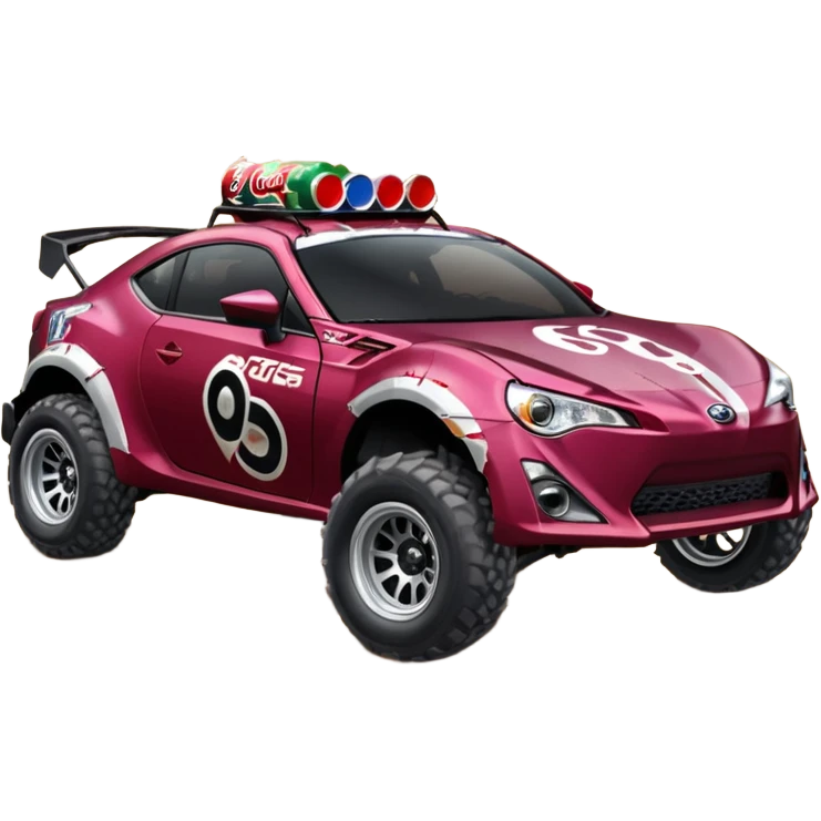 Distressed rusty old Extended wheelbase 2013 scion fr-s dark black cherry off road 4wd monster Baja dessert stadium racer number 86 with long travel suspension, shiny silver wheels, exaggerated black fender flares, made out of discarded Pepsi cans  emoji