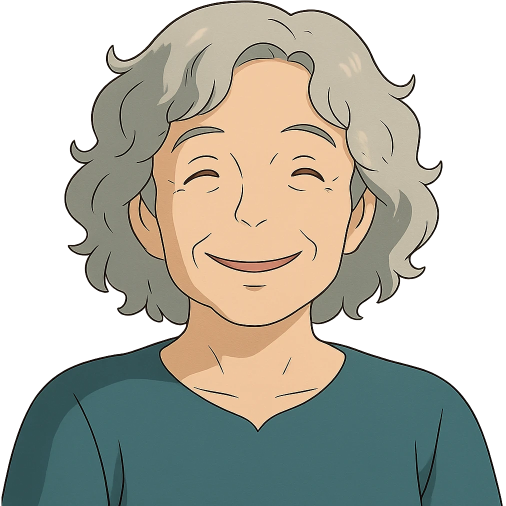 ghibli style smiling 50 year old lady with silver curly hair emoji