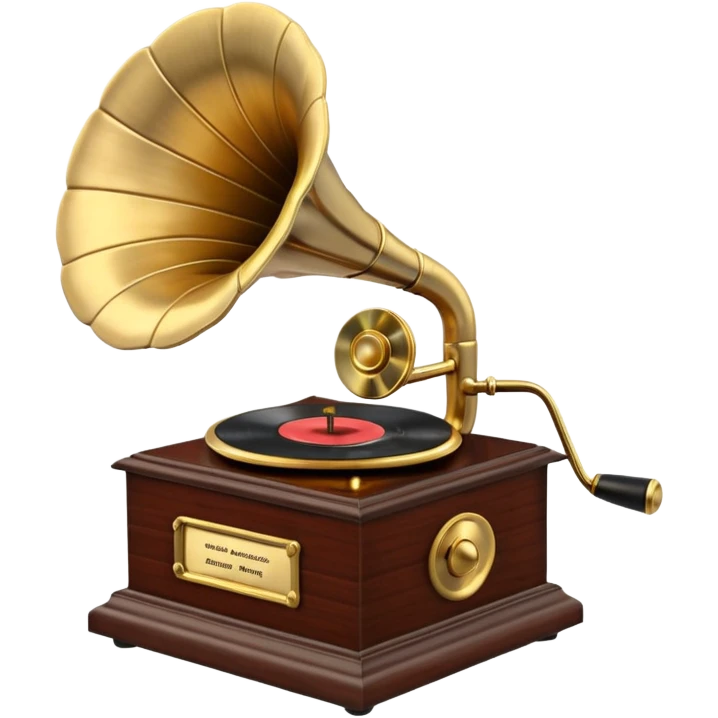 3D render of Gramophone, vintage 1980s audio equipment aesthetic, tactile analog buttons, polished brass gold horn with a dark mahogany wood base, mixed wood grain and brushed aluminum textures, Apple emoji style, isolated on white background --v 6.0 emoji