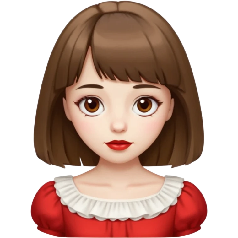 pale girl with chest-length straight brown hair, bangs above the eyebrows covering the forehead, brown eyes, red lips, V-shaped face, small thin nose, almond eyes, wearing a white bouffant dress emoji