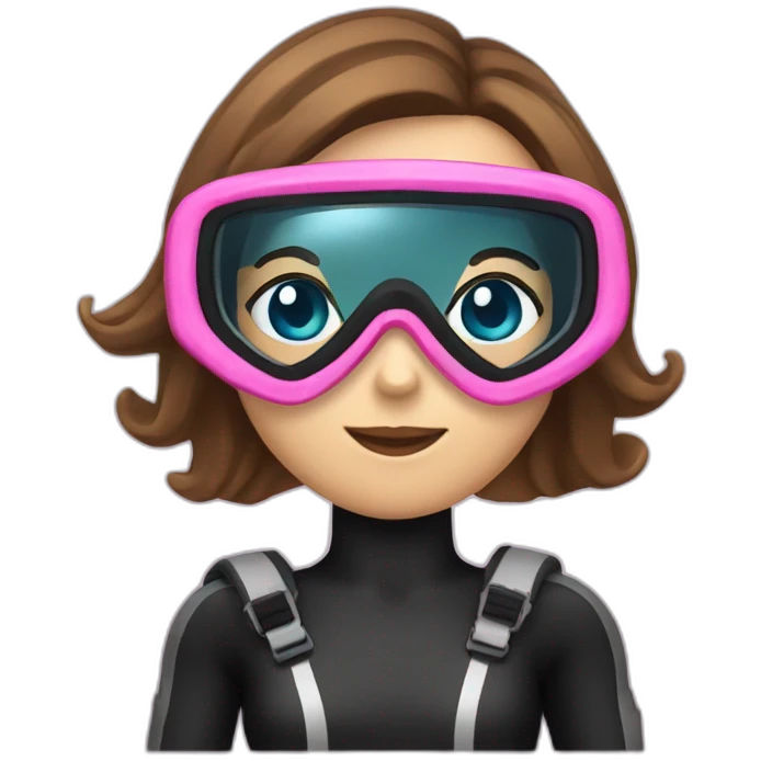 scubadiver woman, with brown and staright hair and black suit and Pink dive mask in her blue eyes emoji
