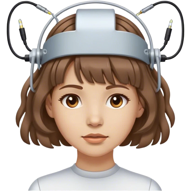 girl with light skin tone wavy brown hair and bangs wearing electrodes and wires on her head  emoji