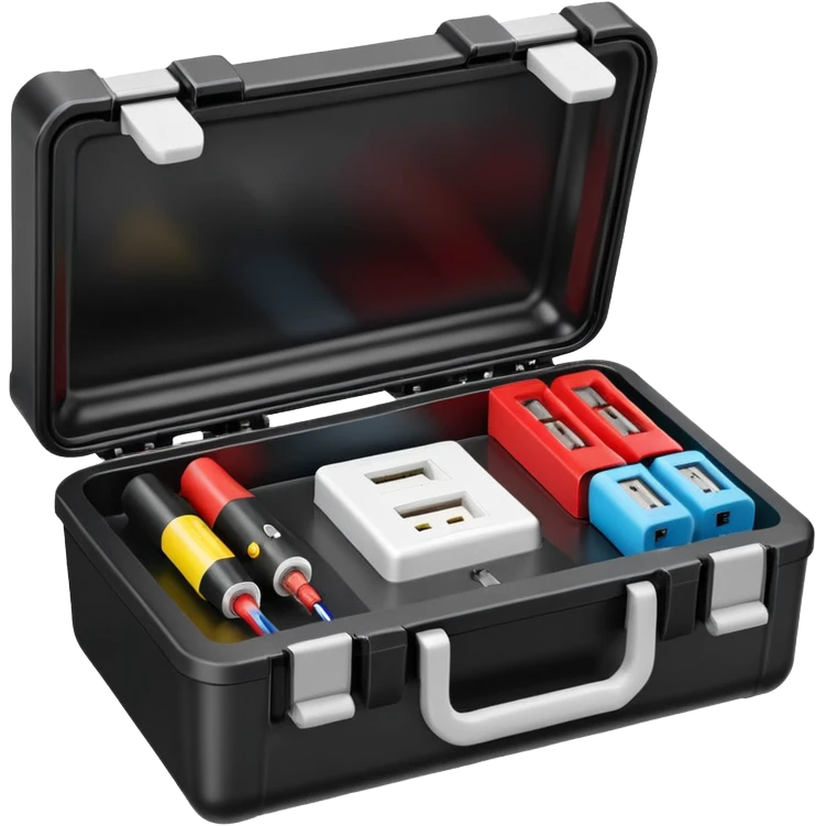 An open black hard-shell test case, inside: a power outlet, USB port, and colored test sockets. A large roll of white test labels lies next to the equipment, along with a red test probe. emoji