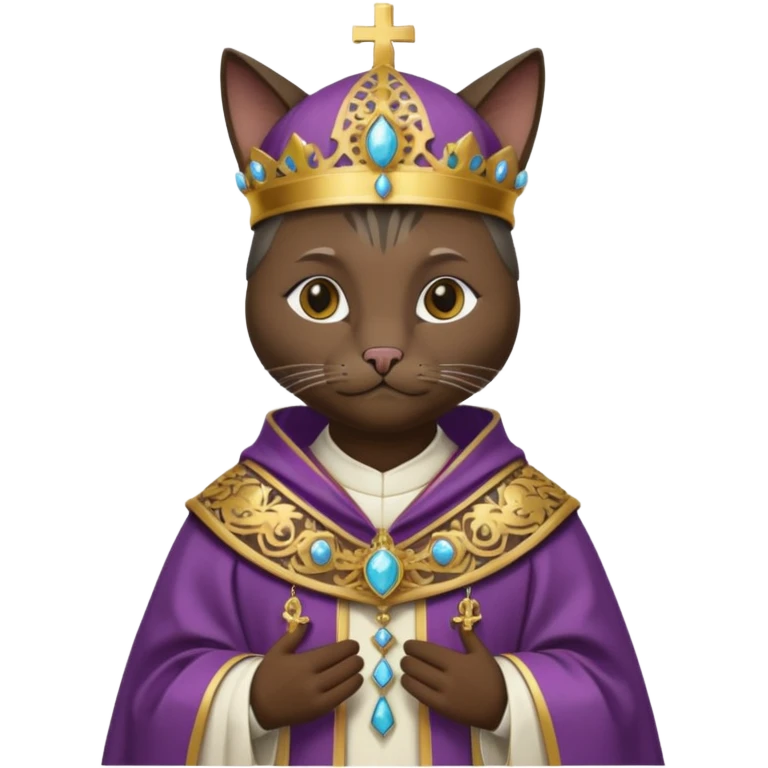 “Half-body humanoid figure with a realistic cat face, wearing ornate bishop robes and a mitre, dark gothic background, dramatic lighting, emoji