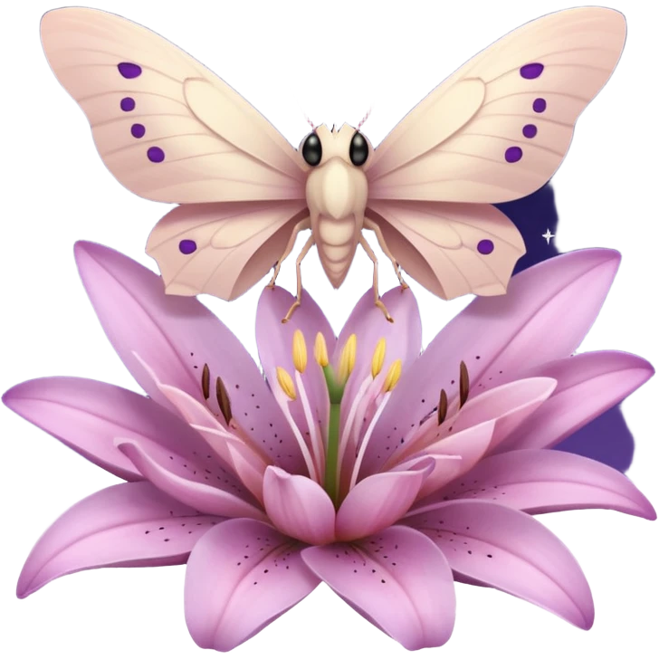 Композиция из моли и цветка — маленькая моль, сидящая на лепестке ночного цветка лилии. Цвета: пастельные, с акцентом на розовый и фиолетовый. Отражает гармонию с природой. ( кьютимарка для пони MLP )  emoji