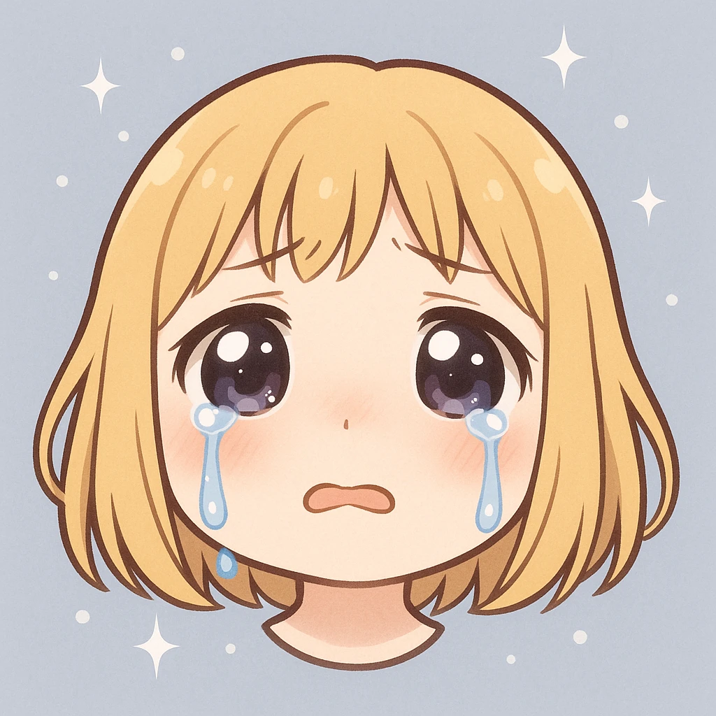 crying anime girl emoji, glossy eyes, two tears, pink cheeks, pastel blue-gray background with sparkles, soft, emotional, sensitive style emoji