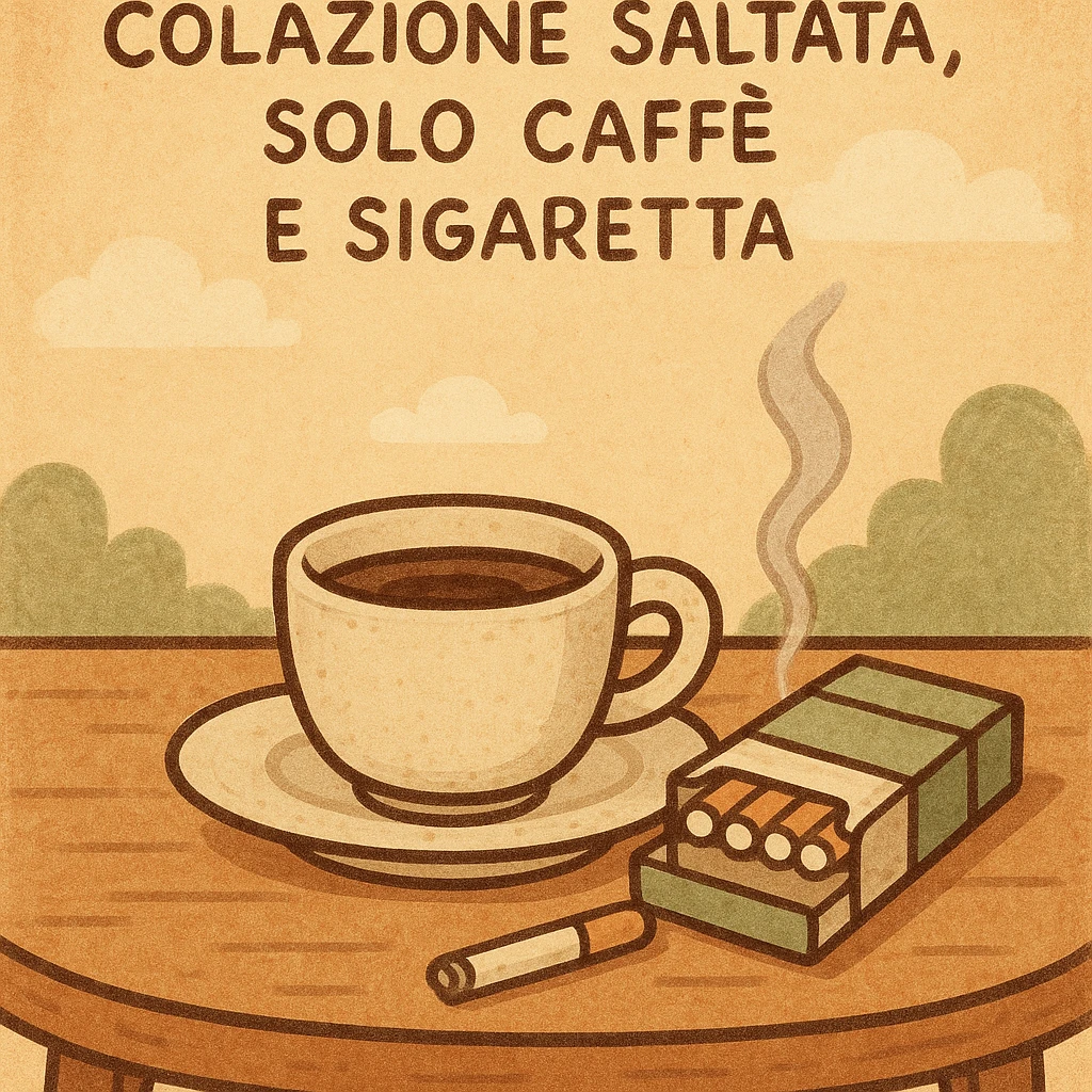 Uomo che salta la colazione, si vede solo una tazzina di caffè e un pacchetto di sigarette sul tavolo, testo in italiano: “Colazione saltata, solo caffè e sigaretta”. emoji