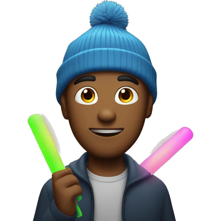 Guy with wearing beanie holding glowsticks emoji