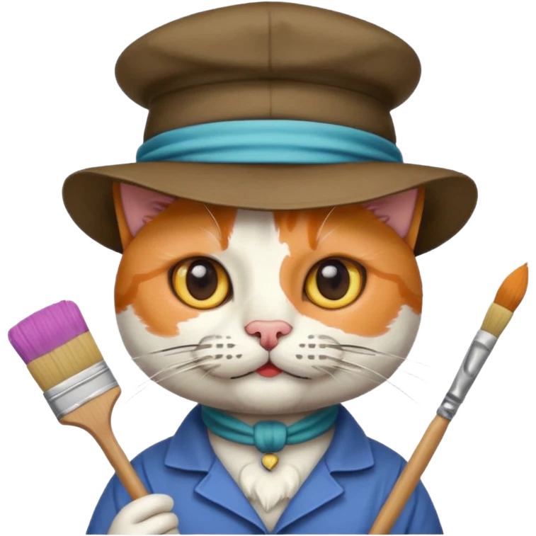A calico cat with a mustache and Picasso hat and a paint brush emoji