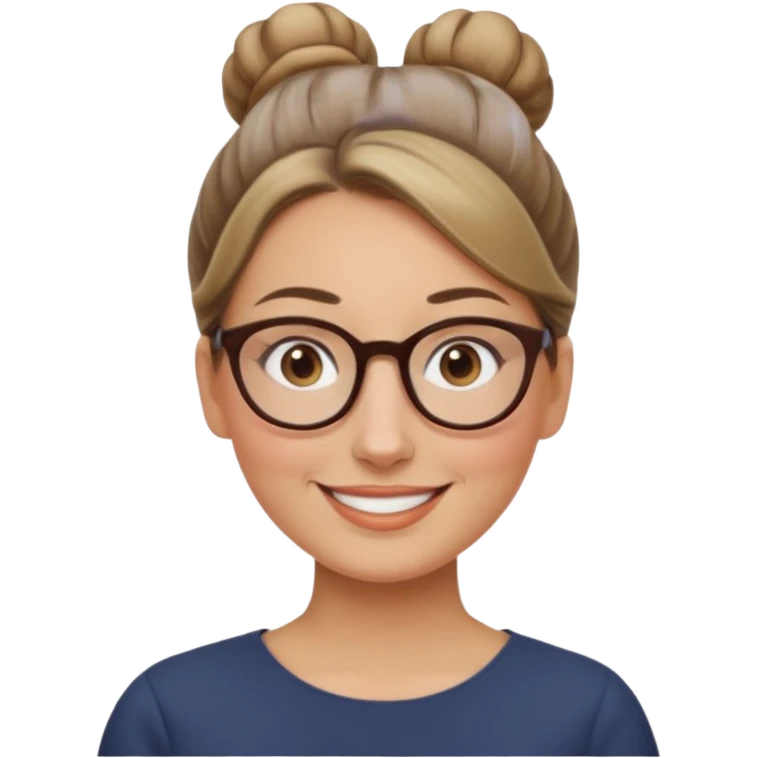 femme de 38 ans avec des cheveux tirés vers l'arrière blond foncé sans mèche devant, un chignon haut, yeux bruns, lunettes rondes, visage ovale emoji